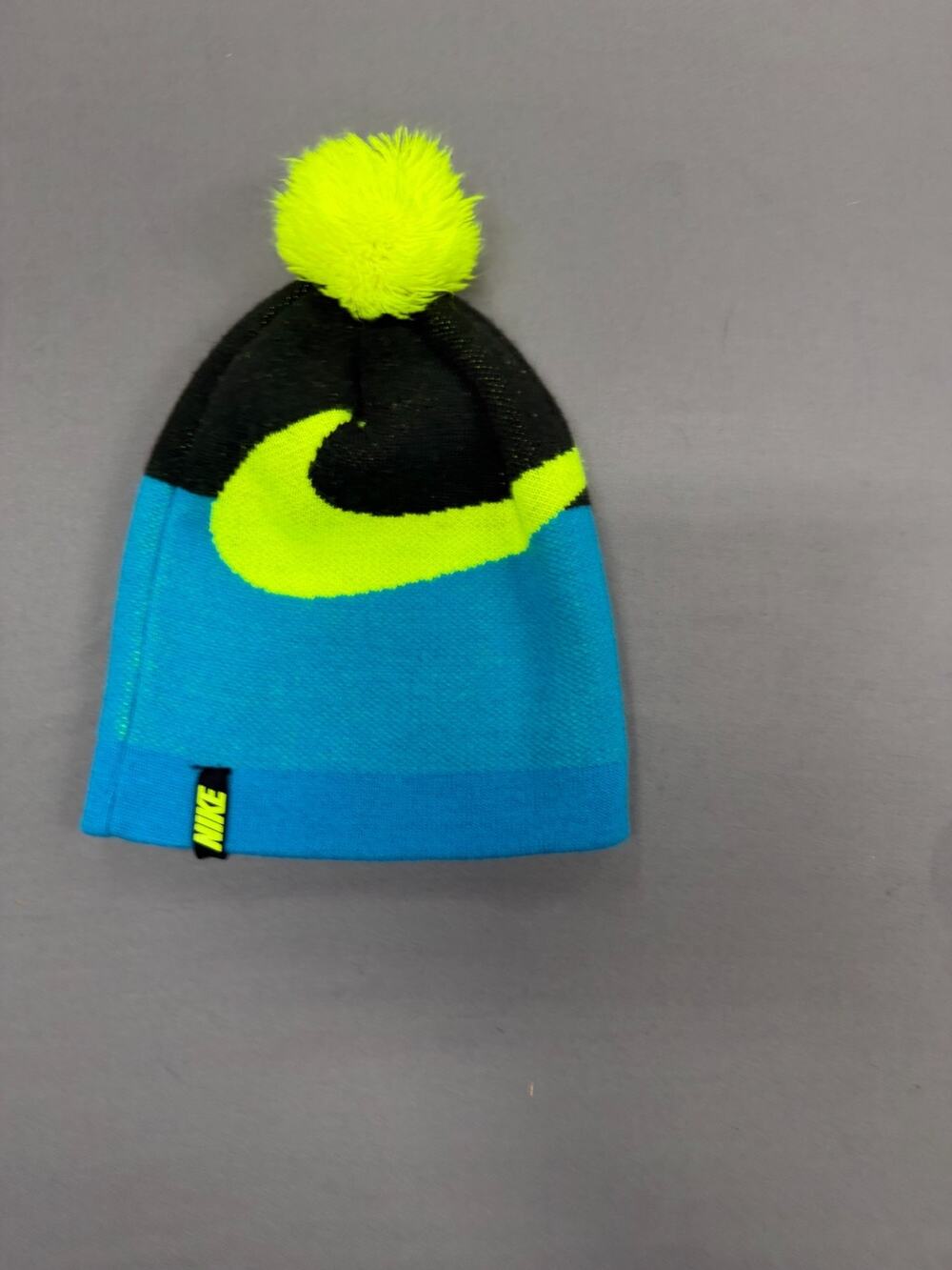 Nike Youth One Size Pom Pom Beanie Hat Teal Blue Black Colorblock Knit Winter